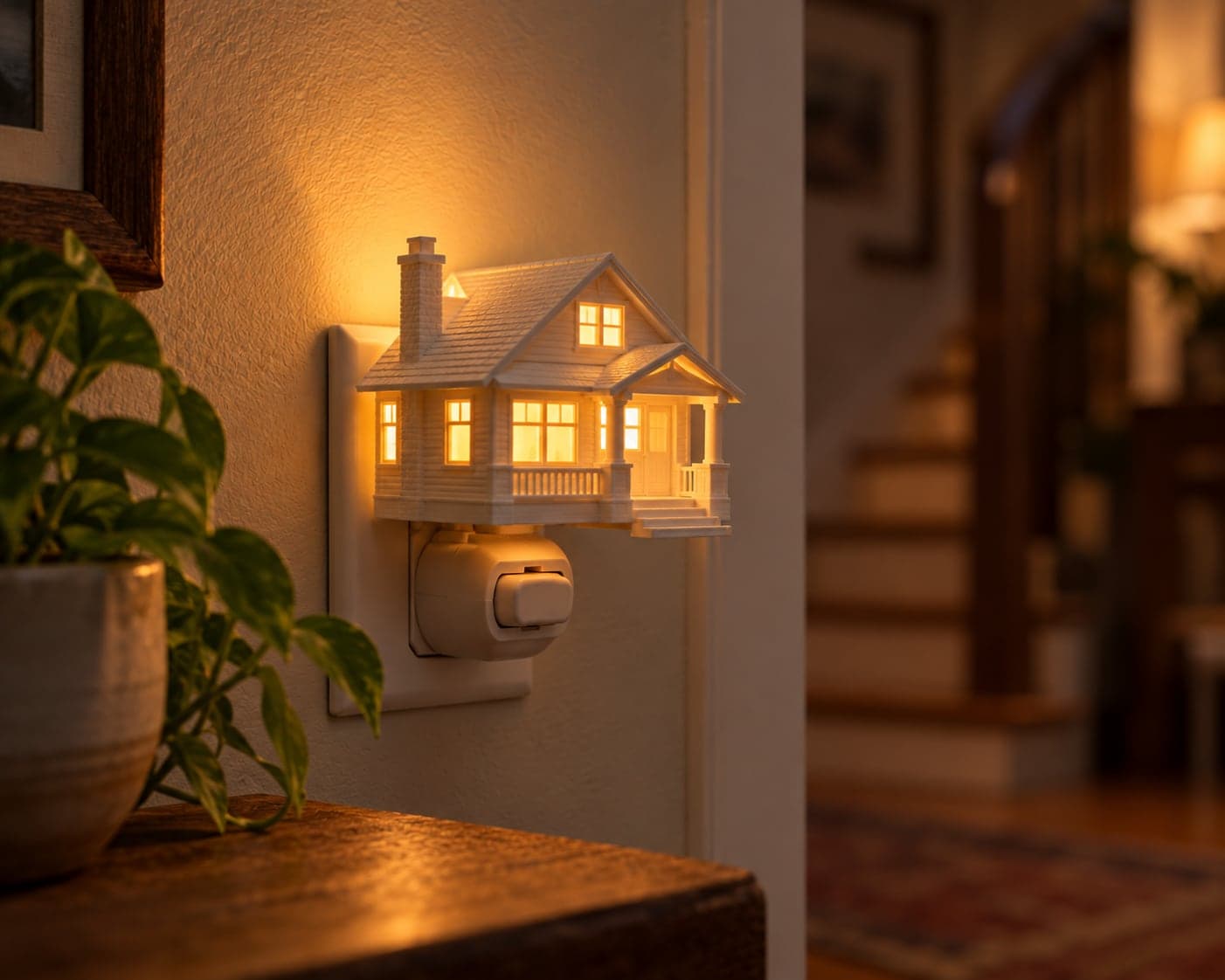 Craftsman-style house nightlight with glowing windows beside a staircase