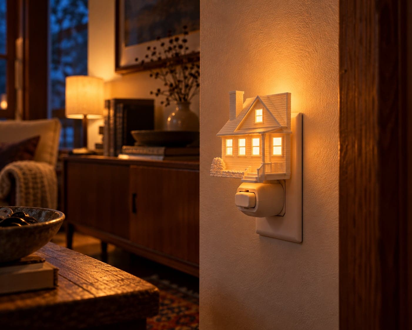 A white 3D-printed house nightlight glowing warmly on a living room wall