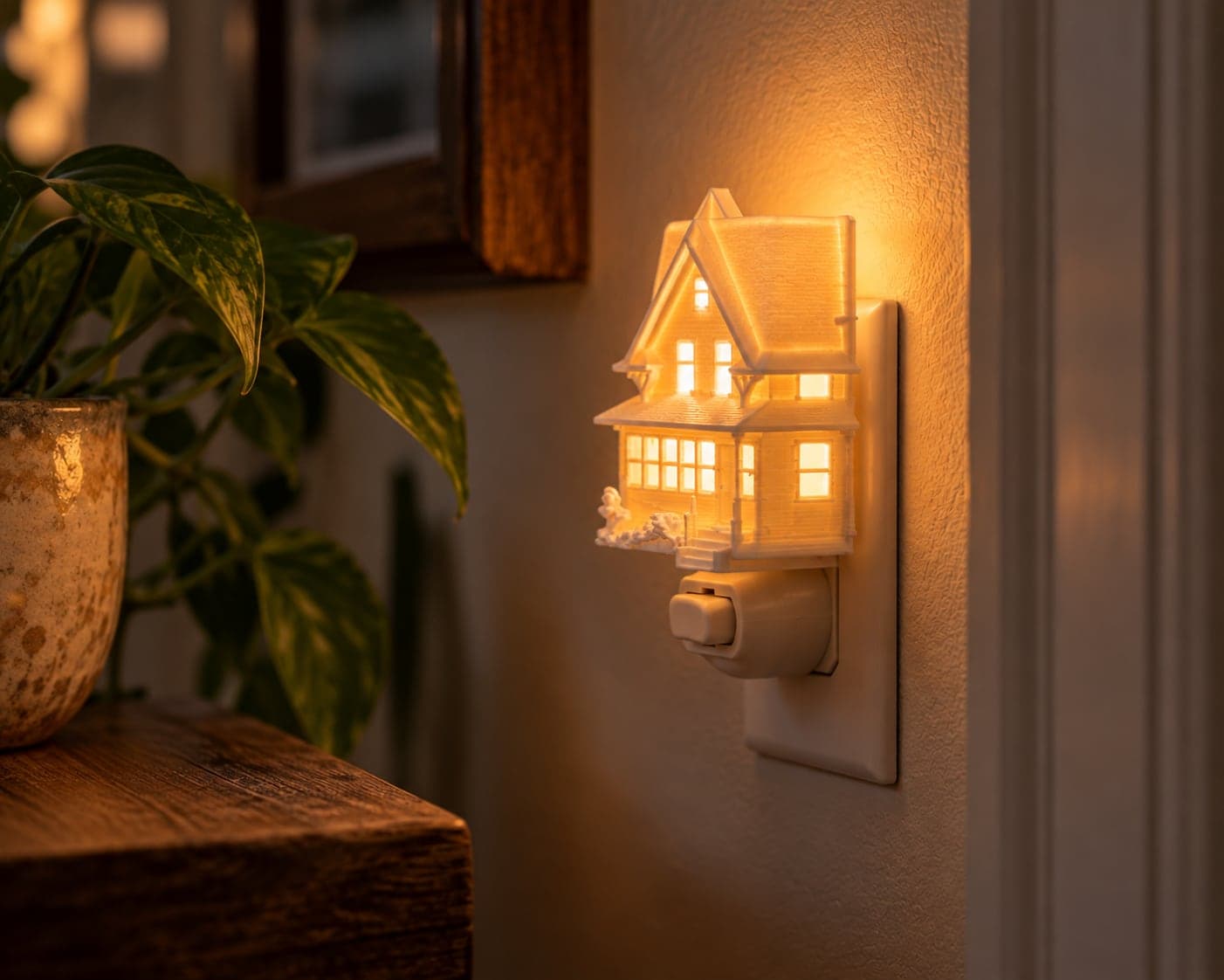 Victorian-style house nightlight glowing next to a houseplant